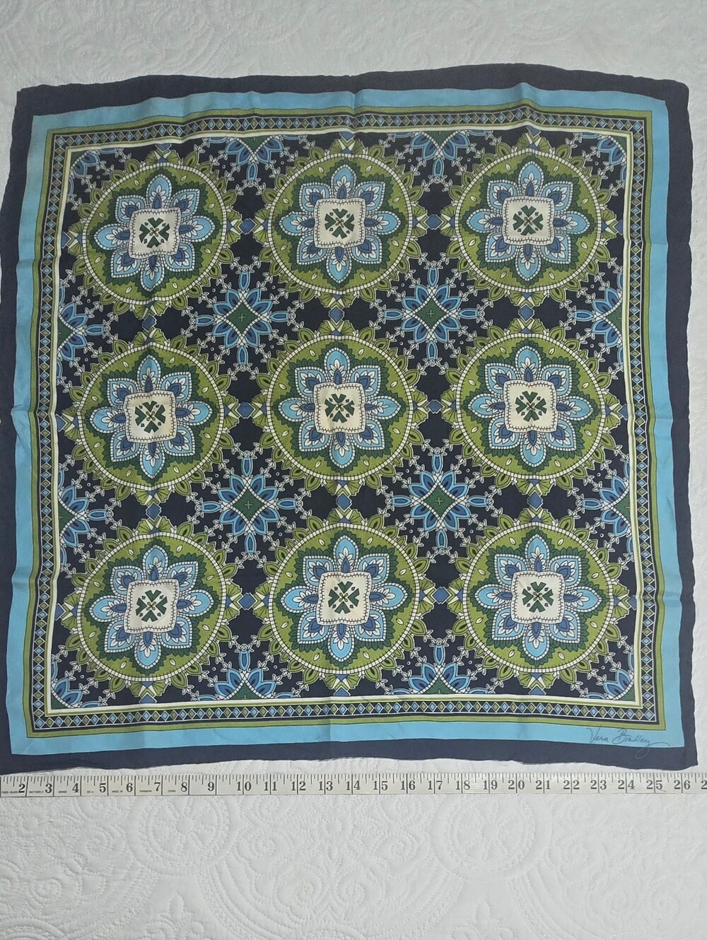 Vera Bradley 100% Silk Navy, Light Blue Green Paisley Floral Scarf, 27" Square - Picture 5 of 10